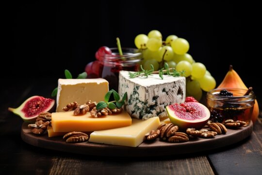  a variety of cheeses, nuts, and fruit are arranged on a wooden platter on a wooden table with a black background and a black backdrop of grapes, walnuts, grapes, walnuts, pecans, honey, and a.