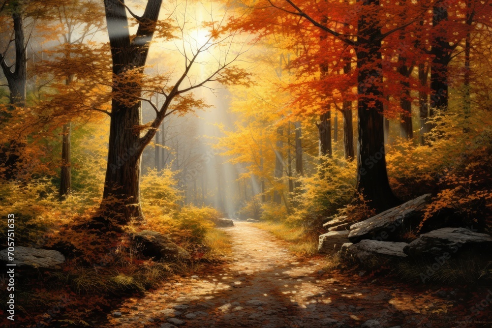 Poster a painting of a path through a forest with trees and leaves on both sides of the path and a bright l