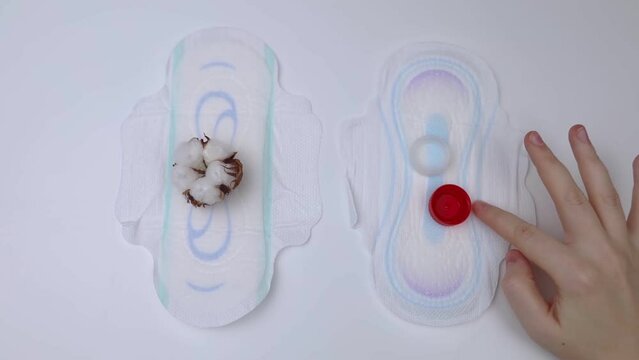 Sanitary napkin and cotton plant flower. A concept that shows the presence of plastic additives in sanitary pac, which cause redness, rash, and diaper rash in the female genital organs. 