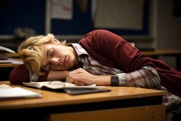Young student asleep on desk in classroom, a candid moment of academic exhaustion