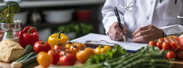 Young female nutritionist working in her office, close-up. on the background vegetables and fruits. - obrazy, fototapety, plakaty