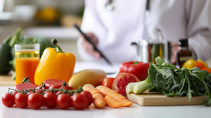 Young female nutritionist working in her office, close-up. on the background vegetables and fruits.