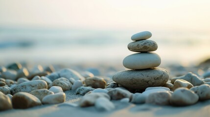 Balanced stones on a pebble beach during sunset.