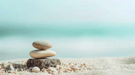 Balanced pebble pyramid silhouette on the beach with the ocean in the background. Zen stones on the sea beach, meditation, spa, harmony, calmness, balance concept.