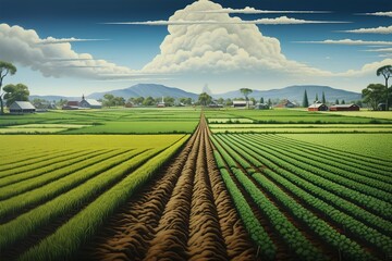 This captivating image showcases an expansive field under a clear blue sky, revealing a stark contrast between lush greenery on one half and drought-stricken crops on the other - obrazy, fototapety, plakaty