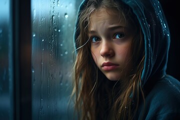 Contemplative young girl gazes out a rain-streaked window, lost in thought