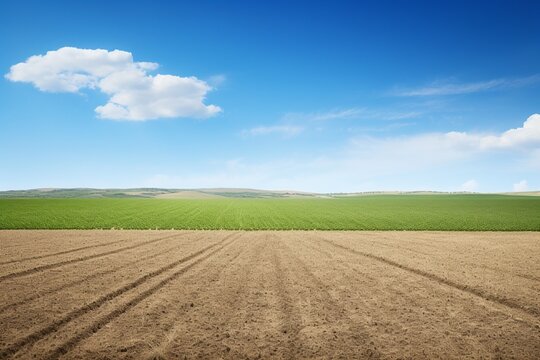 This captivating image showcases an expansive field under a clear blue sky, revealing a stark contrast between lush greenery on one half and drought-stricken crops on the other