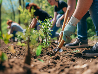 A Photo of Friends Participating in a Local Tree-Planting Event With Shovels and Young Trees