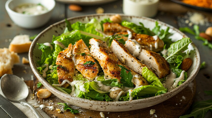 Caesar salad with chicken. Caesar salad with grilled chicken and croutons on a wooden background - obrazy, fototapety, plakaty