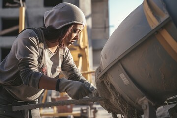 Woman construction worker diligently operates machinery at a building site