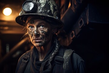 Woman miner with a determined expression, showcasing the gritty reality of hard labor.