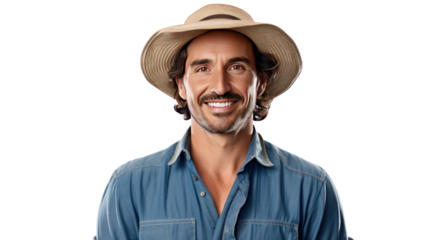 Happy smiling farmer isolated on transparent and white background.PNG image.