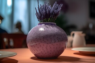 A round vase filled with Lavender at the table. Lunar new year decoration, The photo is inspired by...