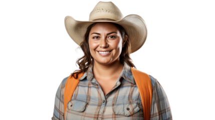Chubby female farmer, 35 years old, looking at the camera and smiling, isolated on transparent and white background.PNG image	