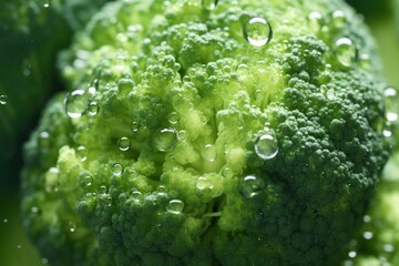  a close up of a head of broccoli with drops of water on the top and bottom of the head of broccoli in the middle of the picture.