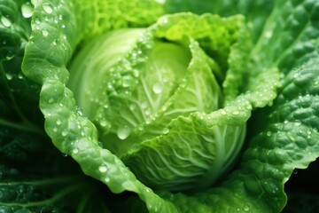  a close up of a green lettuce with drops of water on the lettuce leaves and in the background is water droplets on the lettuce leaves.