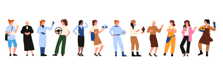 Women of different professions set vector illustration. Cartoon isolated many girls in professional clothes standing, woman judge and scientist, driver and flight attendant, astronaut and ceramist