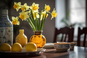 A round vase filled with Daffodil at the table. Lunar new year decoration, The photo is inspired by...