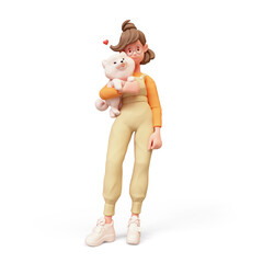 Cute kawaii positive excited smiling active girl in fashion casual clothes overalls, orange t-shirt holds large fluffy white playful puppy with one hand under her arm. 3d render isolated transparent.
