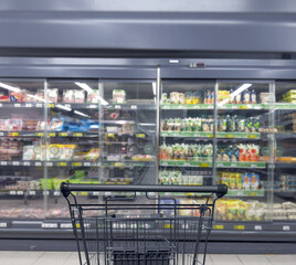 empty grocery cart in an empty supermarket - obrazy, fototapety, plakaty