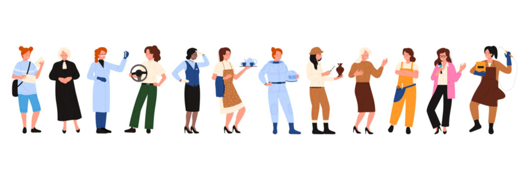 Women of different professions set vector illustration. Cartoon isolated many girls in professional clothes standing, woman judge and scientist, driver and flight attendant, astronaut and ceramist