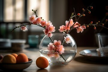 A round vase filled with Peach blossom at the table. Lunar new year decoration, The photo is inspired by the arrangements of photographer Yvette Inufio, captured with a Canon EOS 5D Mark IV, using a 5