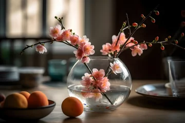 Deurstickers A round vase filled with Peach blossom at the table. Lunar new year decoration, The photo is inspired by the arrangements of photographer Yvette Inufio, captured with a Canon EOS 5D Mark IV, using a 5 © maria