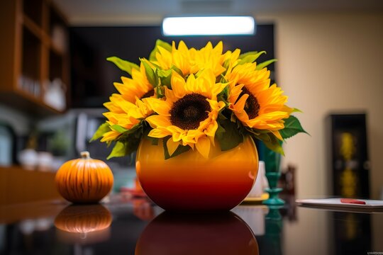 A round vase filled with Sunflower at the table. Lunar new year decoration, The photo is inspired by the arrangements of photographer Yvette Inufio, captured with a Canon EOS 5D Mark IV, using a 50mm