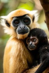Obraz premium Yellow-cheeked Gibbon, Nomascus gabriellae, with grass food, orange monkey on the tree.