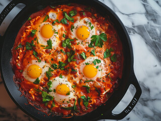 Shakshuka eggs dish in tomato sauce in a pan seen from above, food photography 