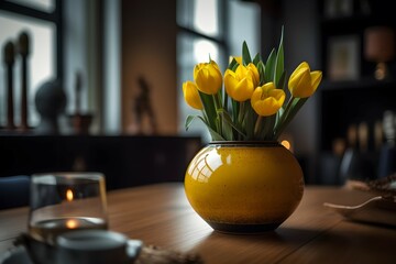 A round vase filled with yellow tulip at the table. Lunar new year decoration, The photo is inspired by the arrangements of photographer Yvette Inufio, captured with a Canon EOS 5D Mark IV, using a 50