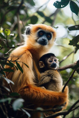 Yellow-cheeked Gibbon, Nomascus gabriellae, with grass food, orange monkey on the tree.