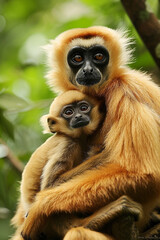 Fototapeta premium Yellow-cheeked Gibbon, Nomascus gabriellae, with grass food, orange monkey on the tree.