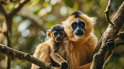 Yellow-cheeked Gibbon, Nomascus gabriellae, with grass food, orange monkey on the tree. - obrazy, fototapety, plakaty