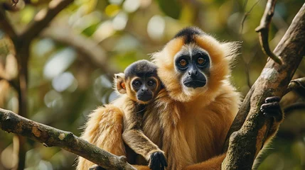 Fotobehang Yellow-cheeked Gibbon, Nomascus gabriellae, with grass food, orange monkey on the tree. © Anna