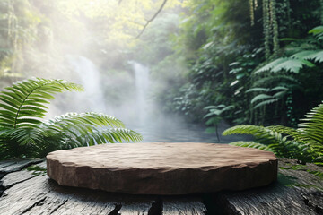 Stone podium with the fantastic magical forest background, highlighted in the center,Product mockup presentation