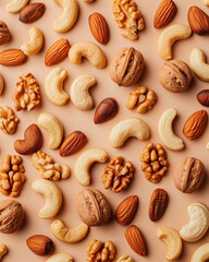 Mixed nuts on a beige background. Minimal snack concept. Brown and beige combination. Top view.