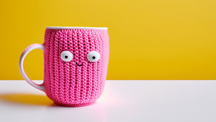 Horizontal image of funny pink knitted tea cup with cute face and space for text. Product style, for ad, for banner, flyer, poster, card. Minimalism concept