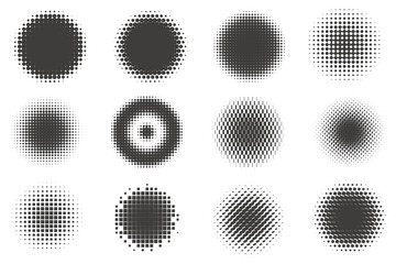 Fototapeta premium Dotted halftone rounds on white background. Geometric circle graphic. Radial gradient effect with gradation. Spotted circular shapes. Vector