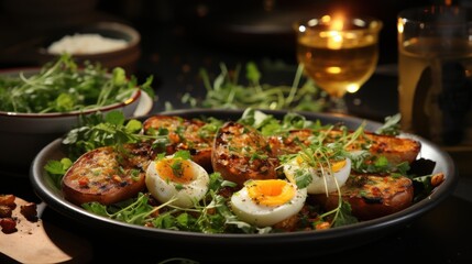  a close up of a plate of food with an egg on top of a bed of lettuce and a glass of wine next to the plate of food.