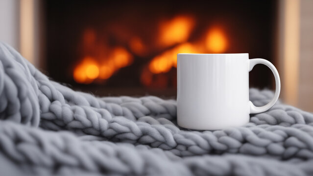Front view, mockup image of white mug, fireplace background. Lifestyle product concept. For Father's Day, design, print, card, banner, poster, flyer, ad, storytelling, wallpaper, interior. Mood light