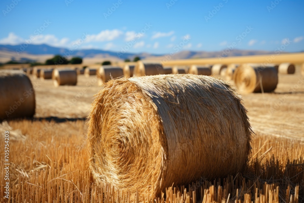 Poster a hay field with bales of hay in the foreground and a mountain range in the distance in the distance
