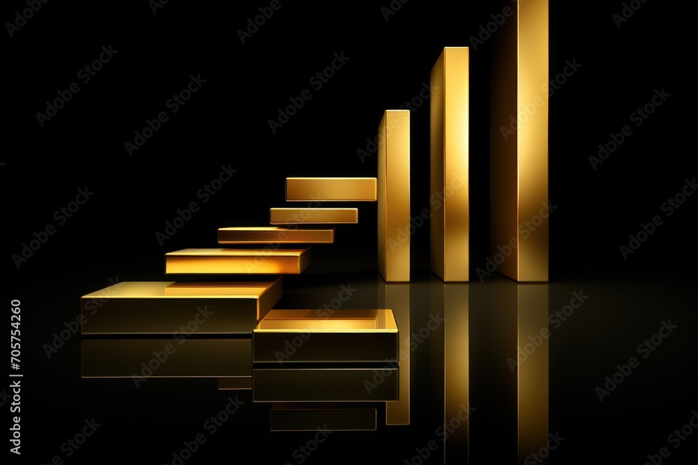 Poster a row of gold bars sitting next to each other on a black surface with a reflection on the floor and 