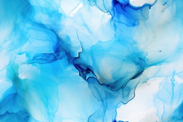  a close up view of blue ink swirling in a watercolor like pattern on a white sheet of paper with a black ink pen in the middle of the bottom corner of the image.