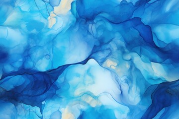  a painting of blue and yellow colors on a white and blue background that looks like a liquid or ink painting with white and yellow highlights on the top of the bottom part of the painting.