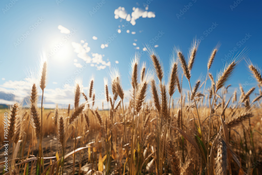 Aufkleber a field of wheat under a blue sky with a sunbeam in the middle of the field and some clouds in the s