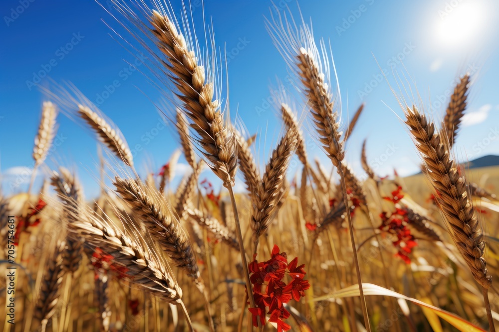 Poster a field of wheat with red flowers in the foreground and a blue sky with a few clouds in the backgrou