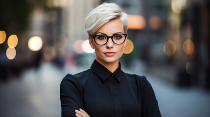 Fototapeta premium Businesswoman, an attractive blonde with a short haircut and glasses against the backdrop of downtown and an office building