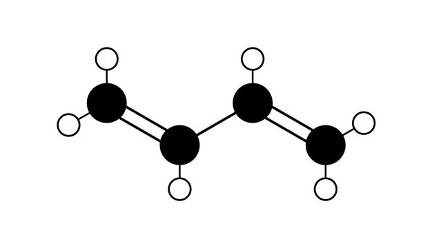 butadiene molecule, structural chemical formula, ball-and-stick model, isolated image 1.3-butadiene