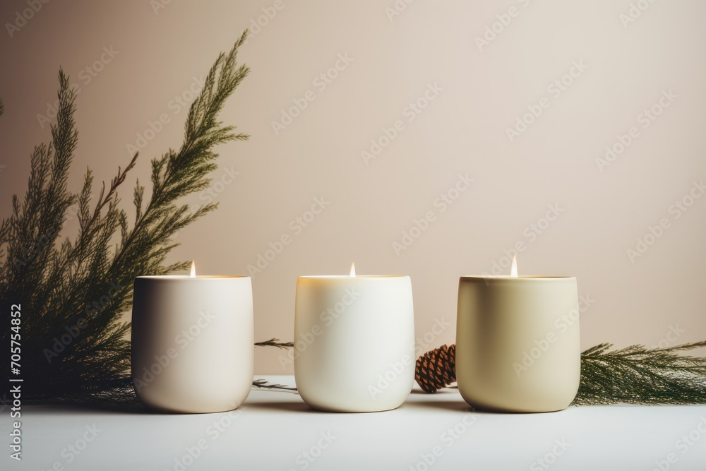 Poster three white candles sitting on top of a table next to a pine cone and a small pine cone on top of a 